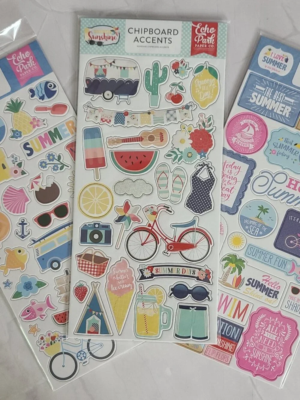 Echo Park Chipboard Accents & Phrases Summertime Beach Theme - Lot of 3